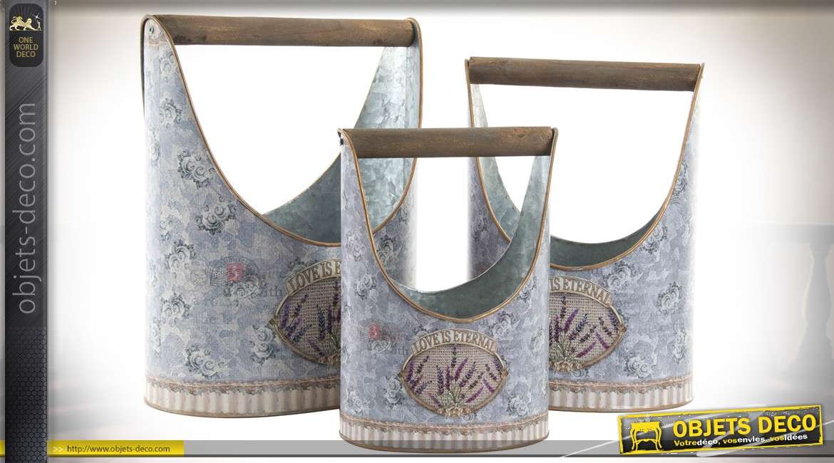 Série de 3 pots de fleurs en métal imitation zinc ancien et bois style rétro 33,5 cm