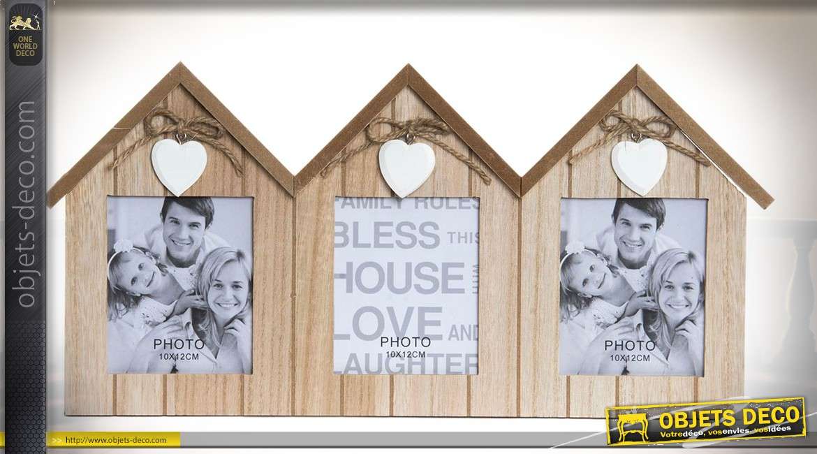 Cadre photos à 3 vues en forme de maisonnettes en bois 45 cm