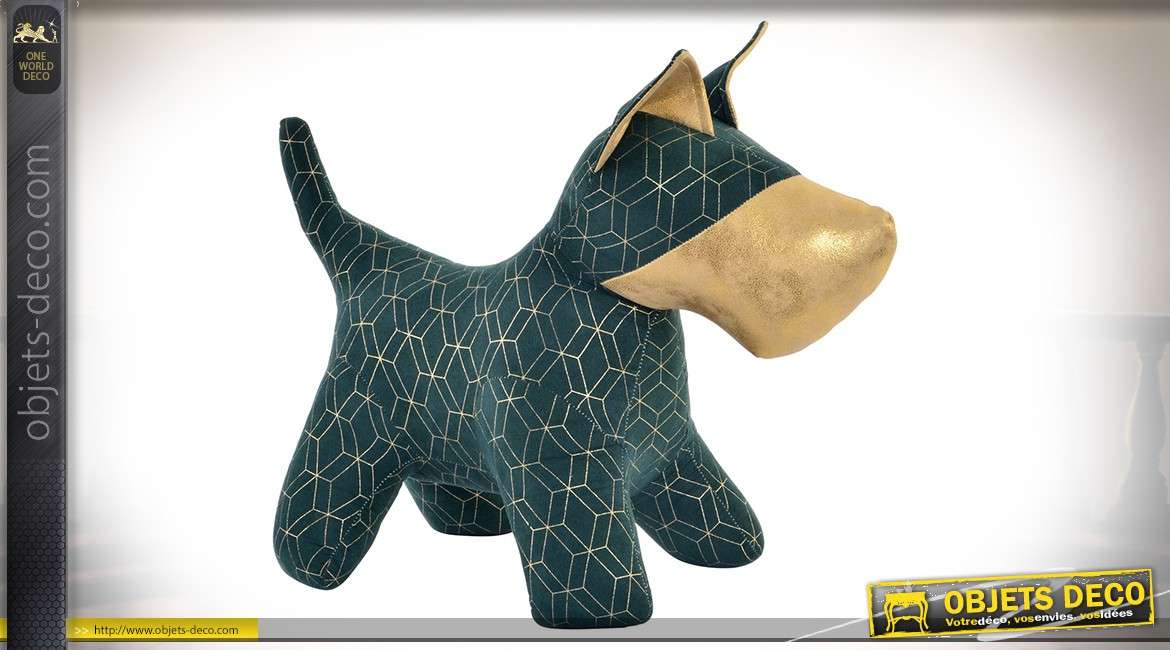 Cale-porte en tissu lesté en forme de chien stylisé coloris vert et doré 38 cm