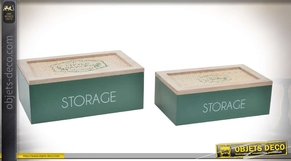 Série de 2 boîtes rectangulaires en bois et osier tressé coloris vert et écru 27 cm