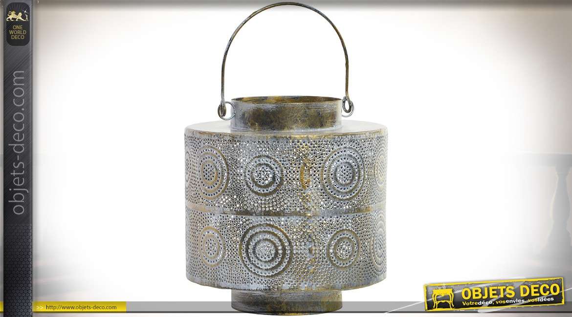 Lanterne de table cylindrique de style oriental en métal doré vieilli ajouré Ø 19 cm