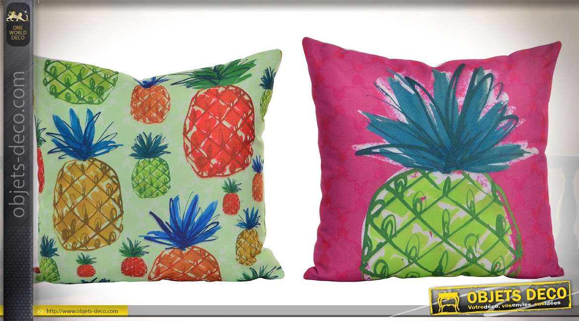 Duo de coussins colorés à motifs d'ananas style exotique 45 x 45 cm