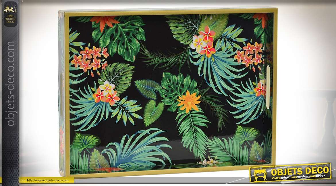 Plateau de service en bois 40 x 30 cm à motifs de feuilles et fleurs tropicales