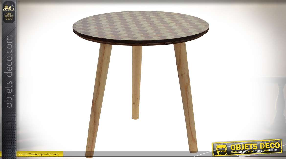 Table ronde style vintage plateau effet marqueterie à motifs géométriques Ø 44 cm