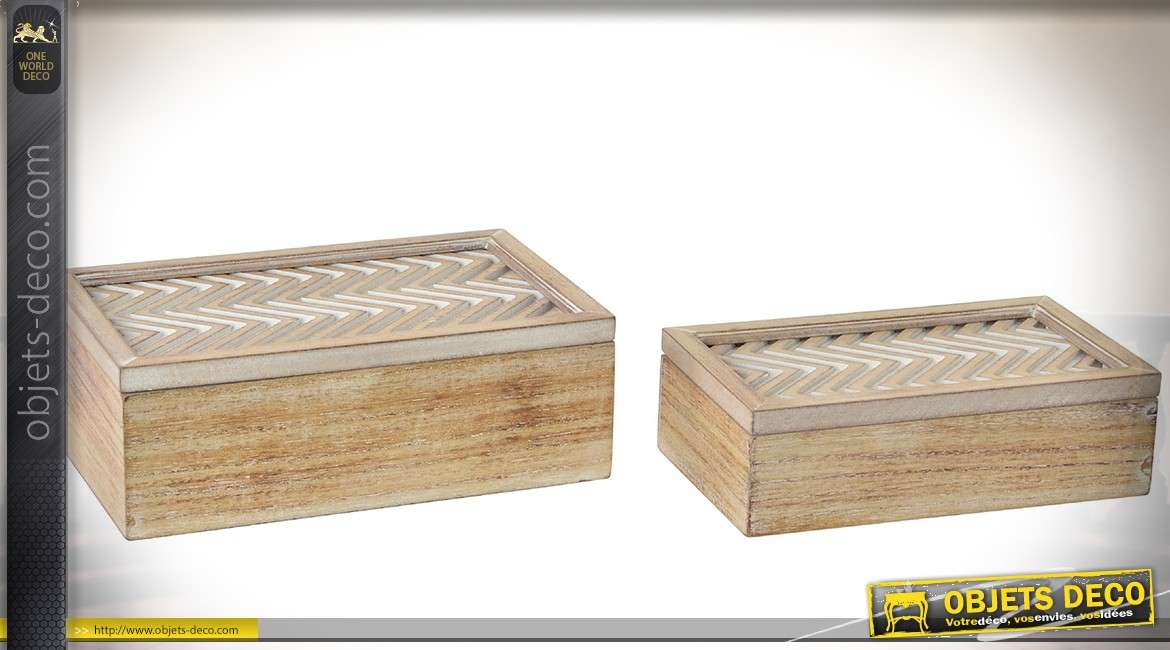 Série de 2 boîtes décoratives en bois vieilli avec couvercles à motifs en zigzags