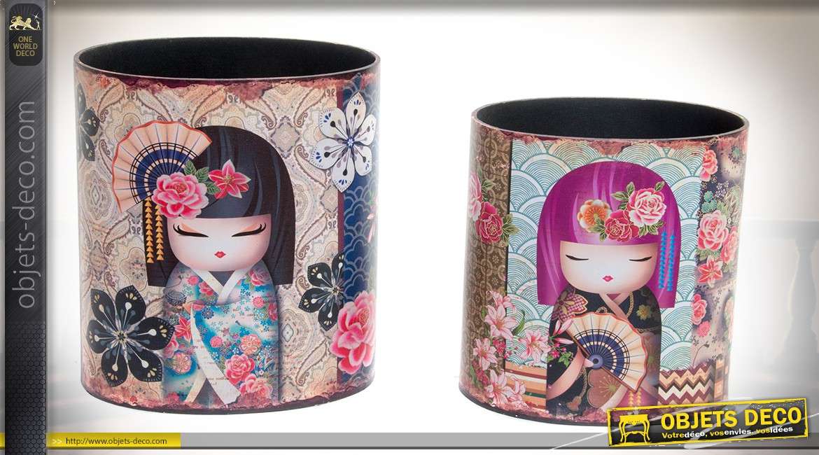 Duo de corbeilles à papier en bois, cylindriques à motifs poupées japonaises
