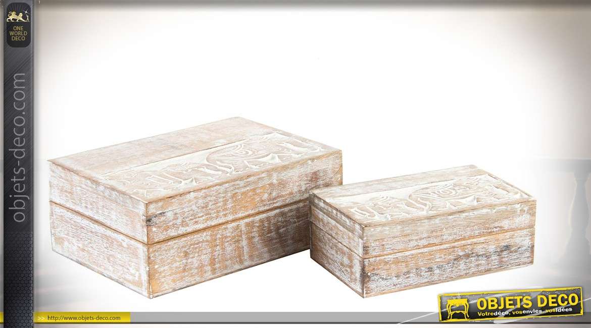 Série de deux boîtes décorative en bois vieilli et blanchi : gravures d'éléphants