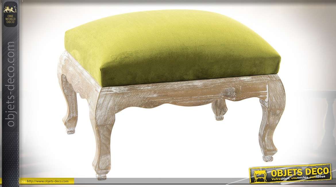 Repose-pieds classique finition bois rustique blanchi assise tissu jaune moutarde