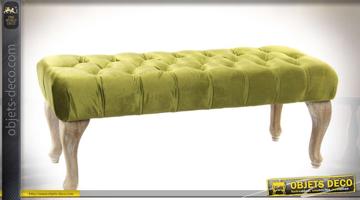 Bout de lit classique en bois naturel et assise tissu jaune moutarde capitonné