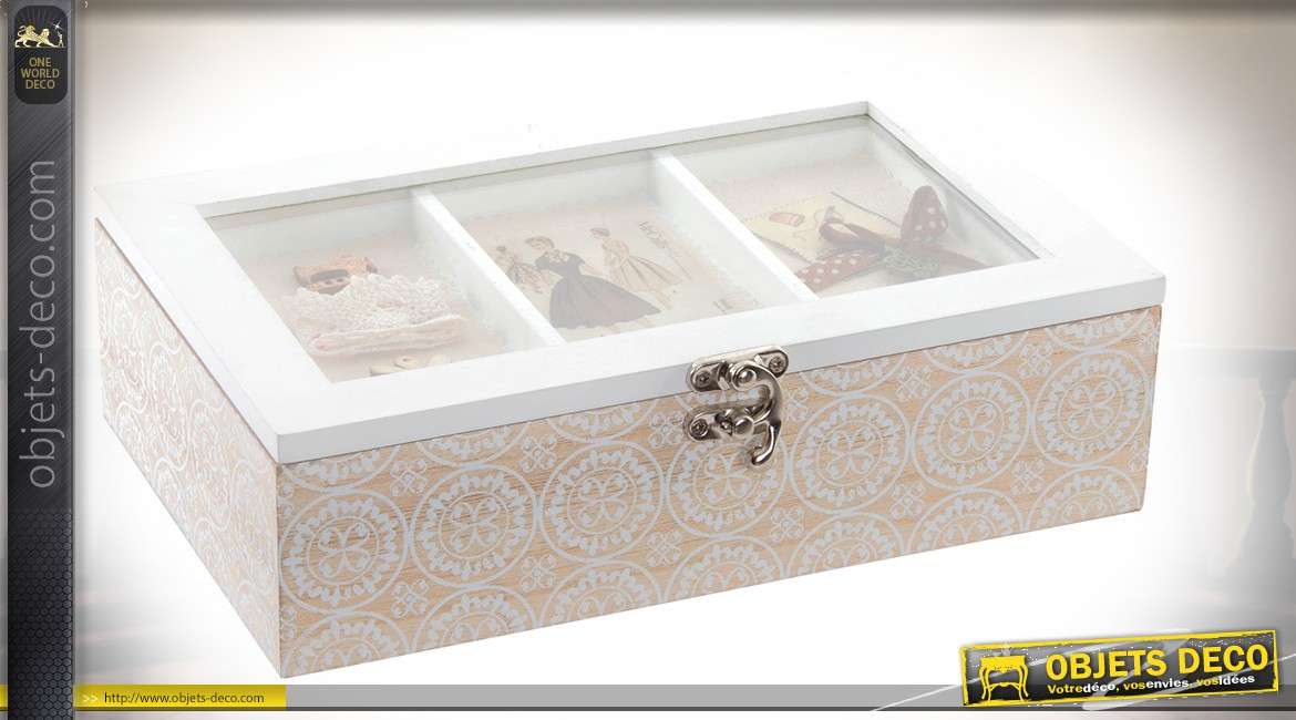 Boîte à couture rétro et romantique avec mini-vitrine sous verre 24 cm