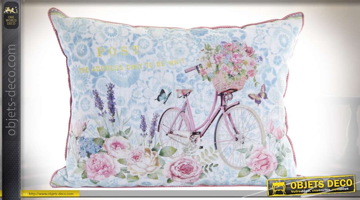 Coussin en lin de style rétro et romantique illustration fleur et bicyclette