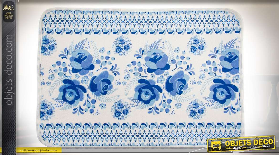 Tapis de salle de bain, en polyester, 60 x 40 cm à motifs de fleurs bleues