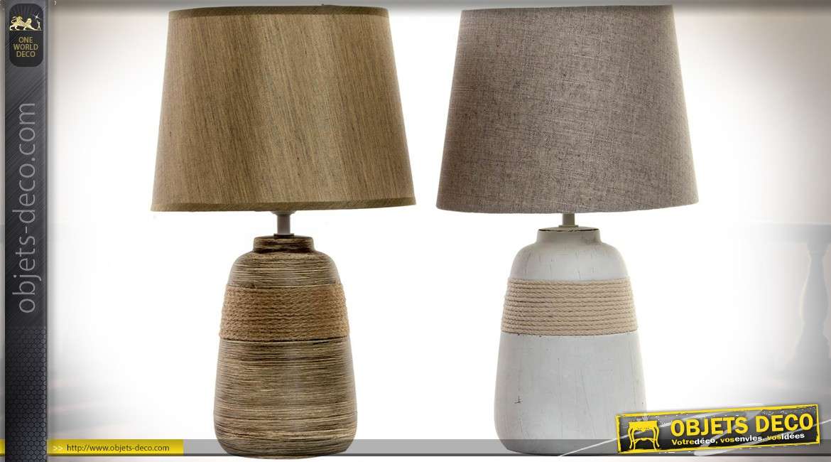 Duo de lampes en céramique et cordages, blanche et grise, sépia et terre d'ombre