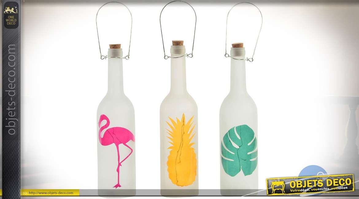 Série de 3 bouteilles avec éclairage LED illustration de style exotique 29 cm