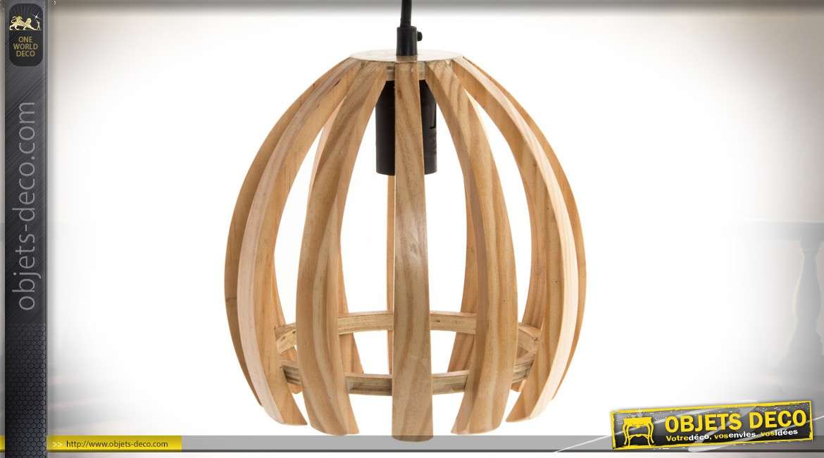 Suspension Art Déco en bois naturel à montants convexes Ø 22 cm