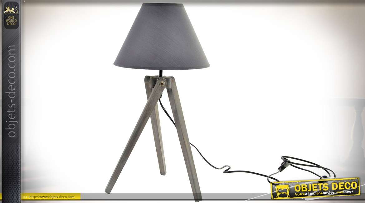 Lampe sur trépied en bois aspect rétro et vieilli avec abat-jour gris souris 50 cm