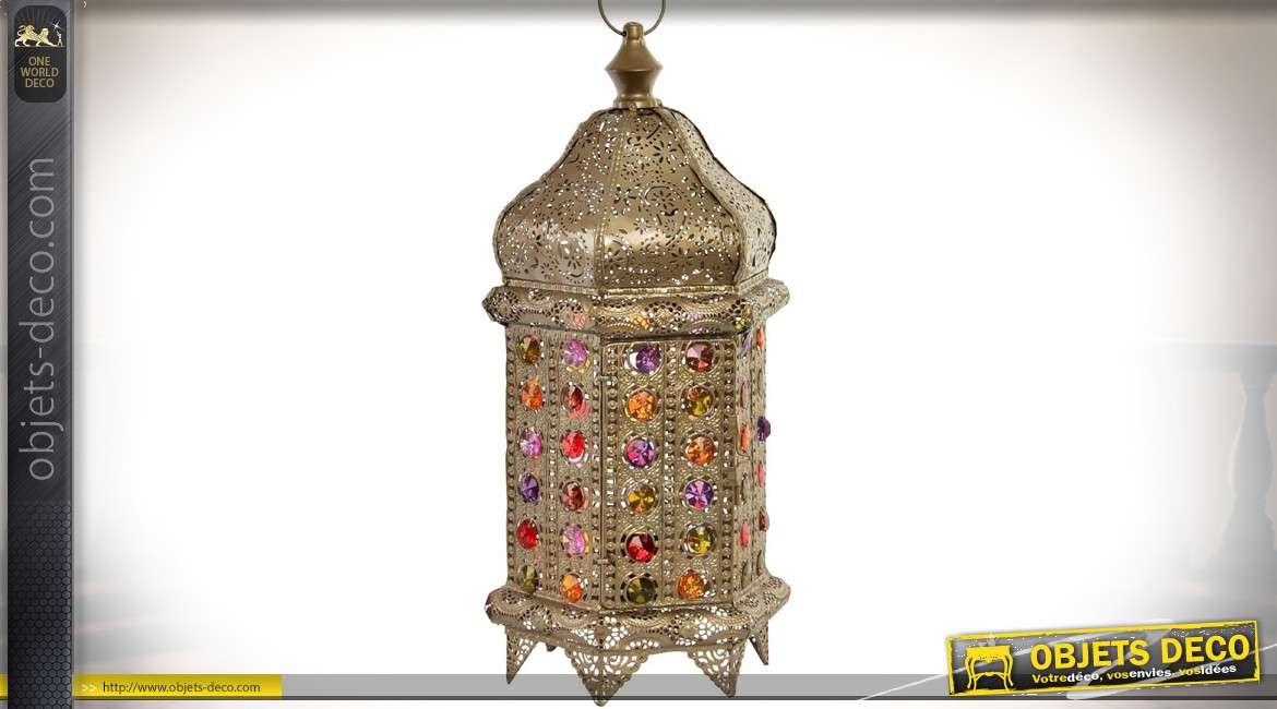 Lampe lanterne en métal bronze cuivré style oriental ornementé 47 cm