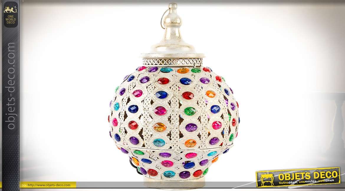 Lampe en métal blanc nacré de style oriental avec cabochons multicolores 42 cm