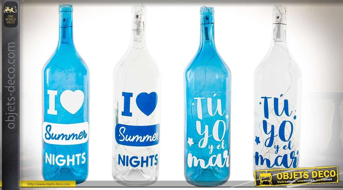 Série de 4 bouteilles avec éclairage LED, coloris verre teinté bleu et blanc 54 cm