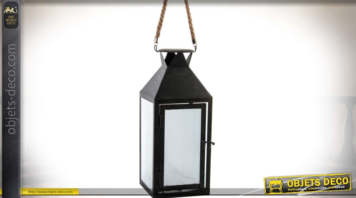 Lanterne suspendue en métal et cordage de style industriel 30,5 cm