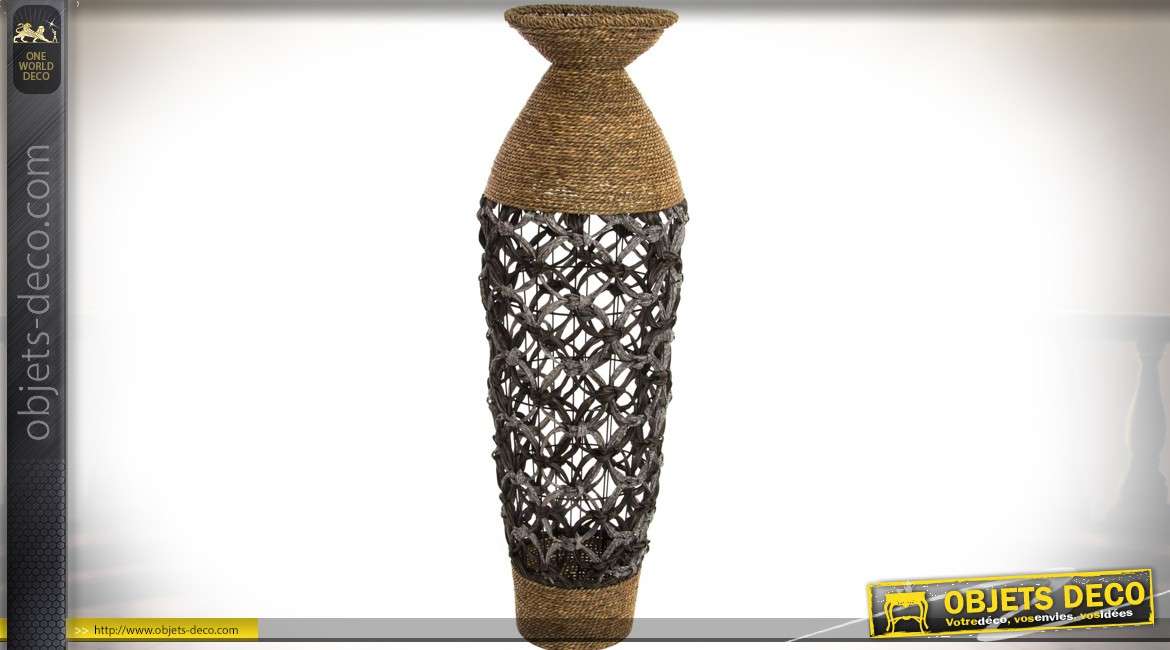 Grand vase en osier 101 cm : osier naturel tressé et fibres tressées noires