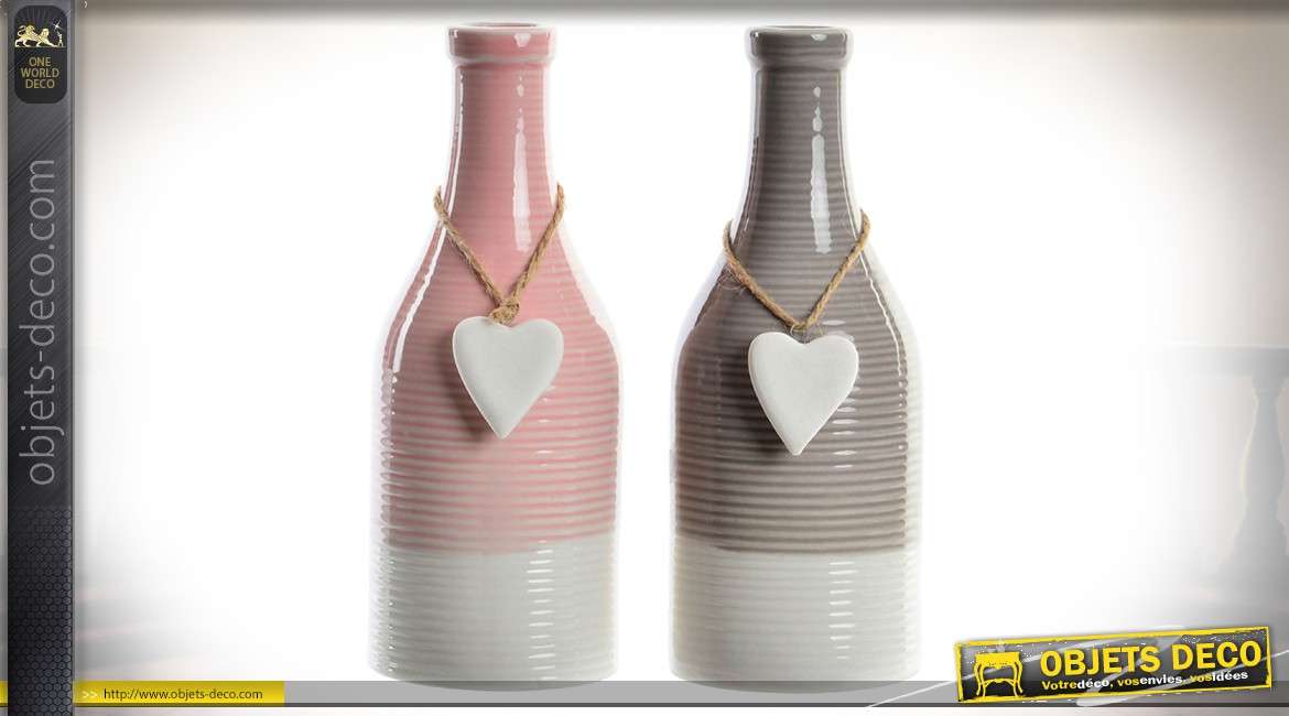 Duo de vases en forme de bouteilles, en céramique, coloris rouge et gris 20,5 cm