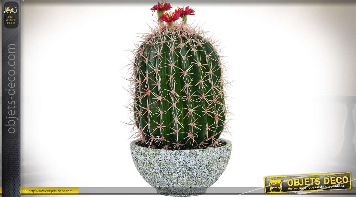 Grand cactus fleuri dans vase en forme de bol en ciment finition granitée 40 cm