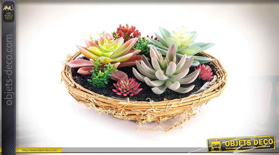Centre de table panier avec cactus et plantes grasses artificiels Ø 22 cm