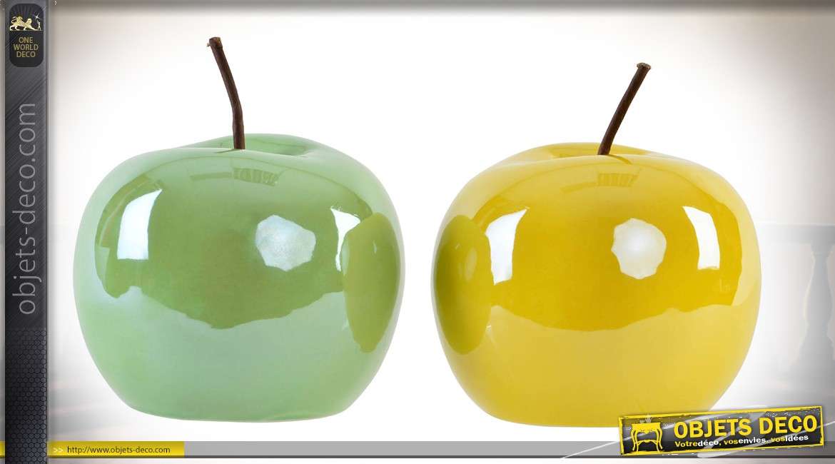 Duo de pommes décoratives en porcelaine vernissée coloris vert et jaune