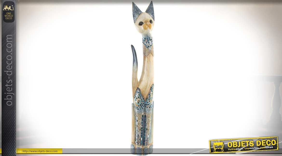 Statuette ethnique de chat coloris bleu et ivoire à paillettes sculpté sur bois 1 mètre