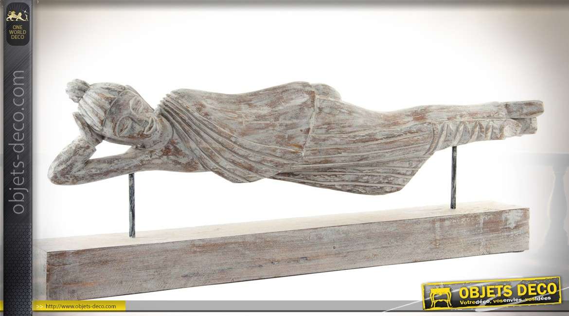 Statuette sculpté en bois d'un bouddha allongé sur son socle 78 cm
