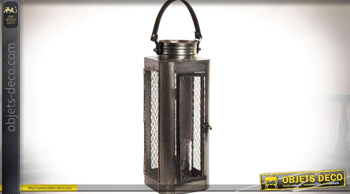 Lanterne rectangulaire en métal de style industriel et rétro faces grillagées 40 cm