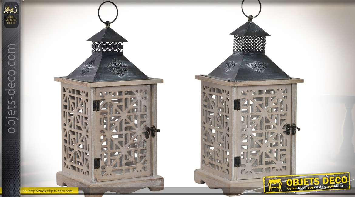Duo de lanterne en bois et métal de style rétro à parois ajourées 40 cm