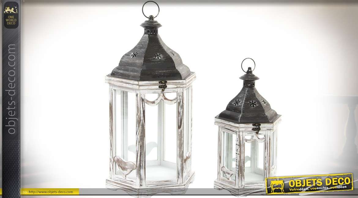 Duo de lanternes hexagonales en bois et métal de style rétro 56 cm