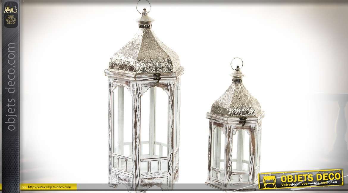 Duo de lanternes hexagonales de style oriental finition métal argenté 69 cm