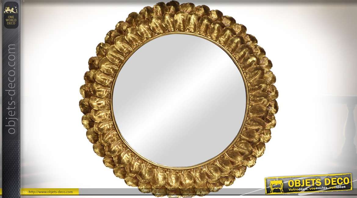 Miroir rond doré de style baroque avec encadrement en forme de plumes Ø 46,5 cm