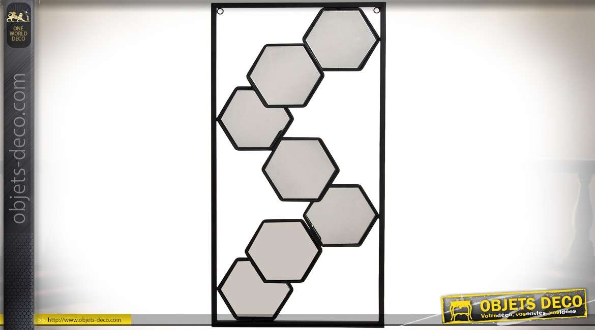 Miroir déco murale de style design encadrement métal miroirs hexagonaux 50 cm