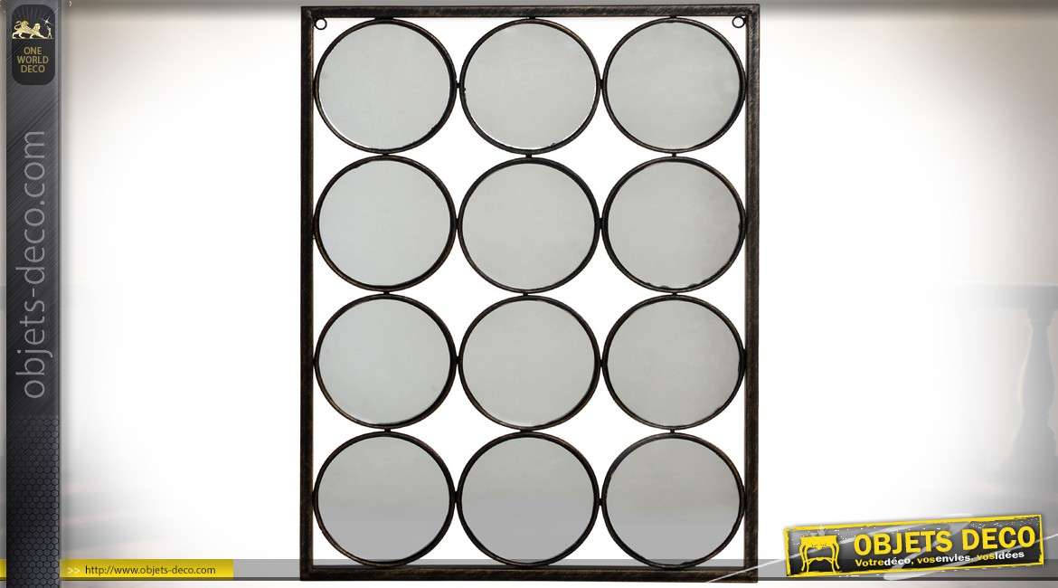 Miroir de style Art Déco à 12 faces circulaires, finition métal vieilli noir antique 45 cm