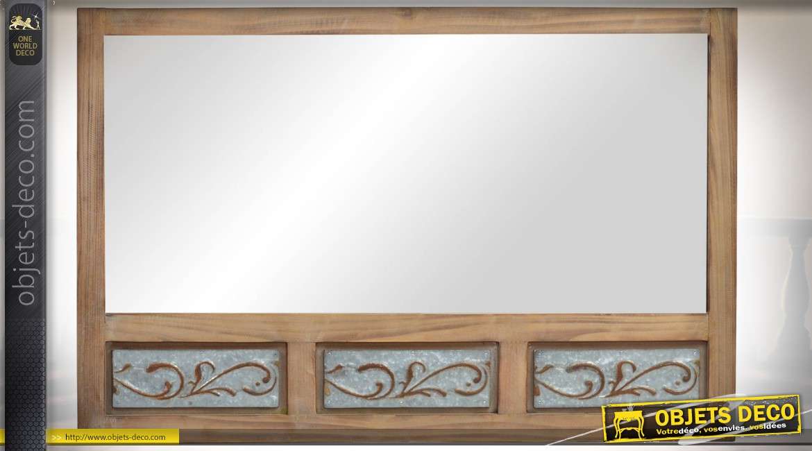 Miroir bois et méta de style rétro finition bois vieilli 91 x 60 cm