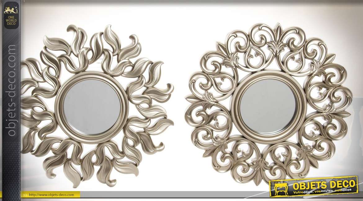 Duo de miroirs en résine, style baroque finition argentée Ø 35 cm