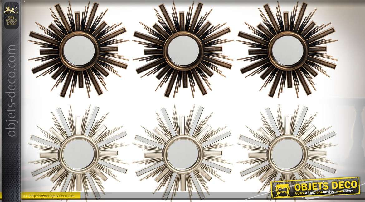 Ensemble de 6 miroirs soleils décoratifs coloris argent et vieil or Ø 25 cm