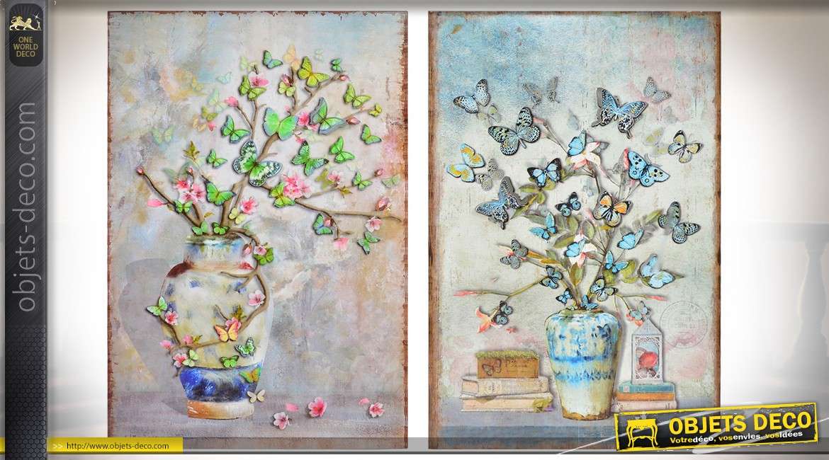 Série de deux tableaux muraux en métal et en relief : plantes à papillons 80 cm