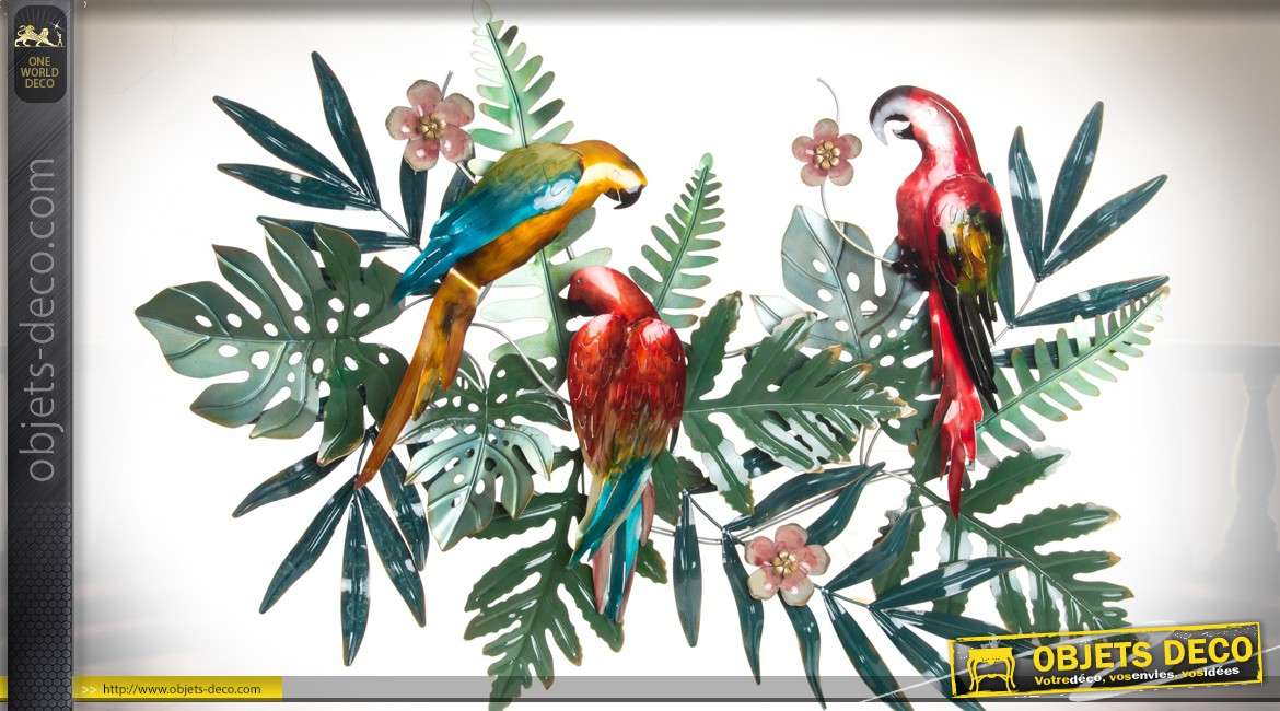 Fresque murale en métal scène exotique avec feuillages et perroquets 103 cm