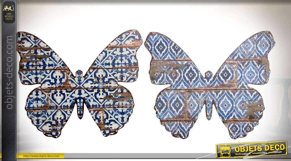 Duo de décorations murales en bois : silhouettes de papillons à motifs rétro