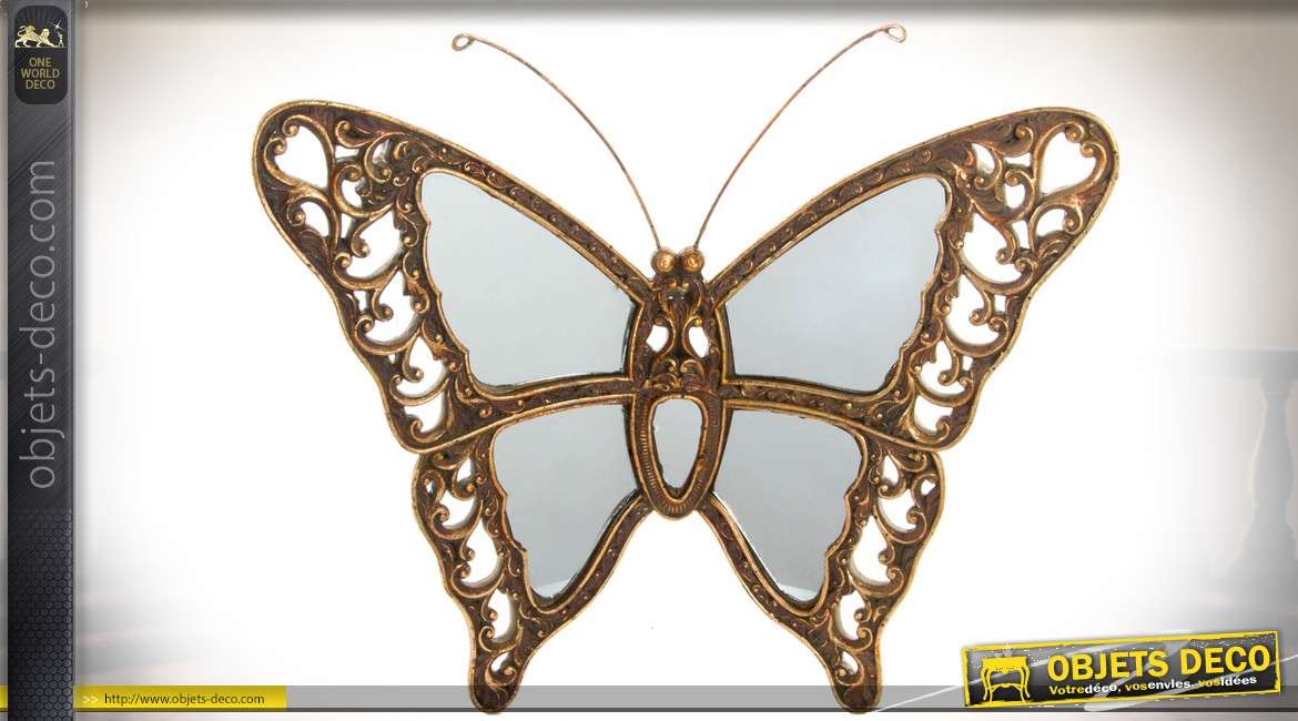 Décoration murale précieuse en forme de papillon doré et miroirs 34 cm