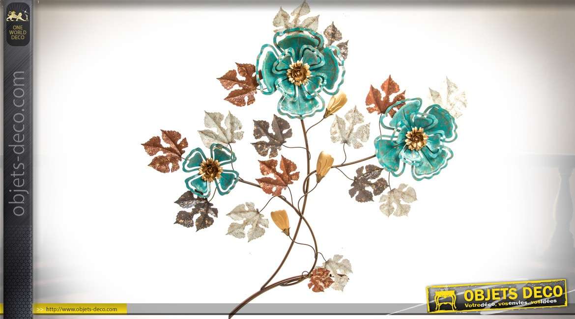 Grande décoration murale fleurs coloris turquoise et havane 95 x 93 cm