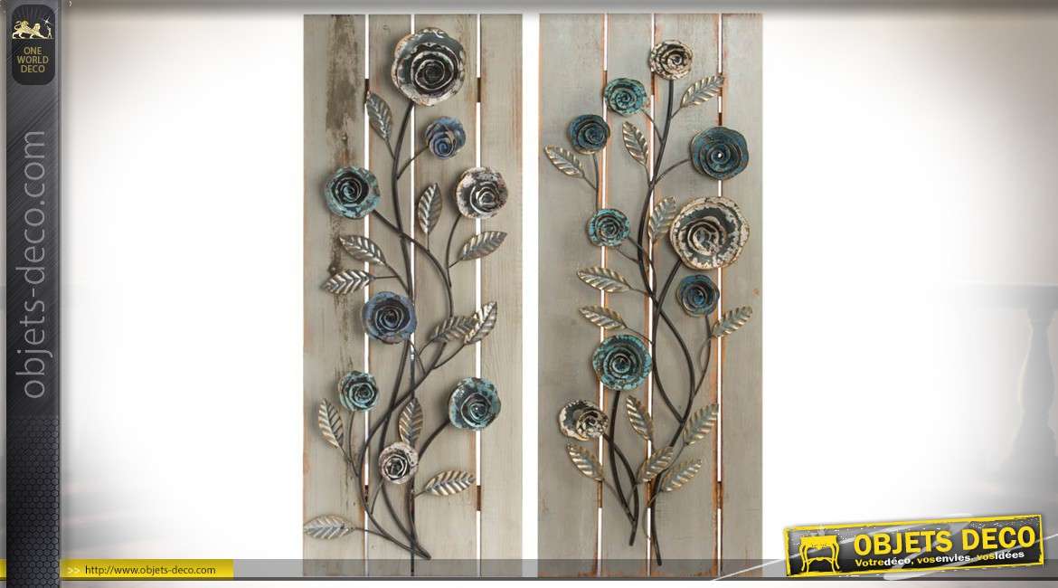 Diptyque déco murales florales en métal sur panneaux en bois 90 cm