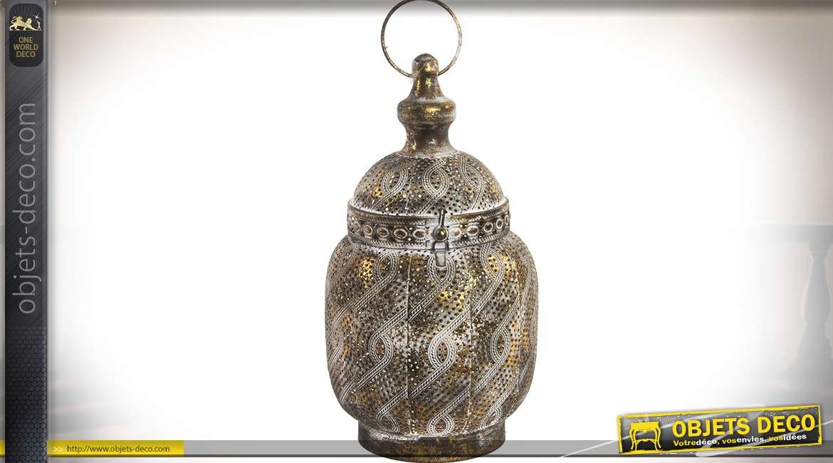 Lanterne décorative en métal de style oriental en métal doré et vieilli 29 cm