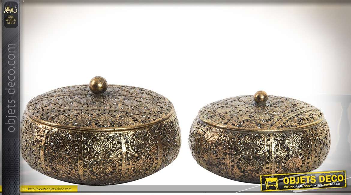 Duo de boîtes à bijoux rondes en métal finition laiton dorée façonné et ajouré
