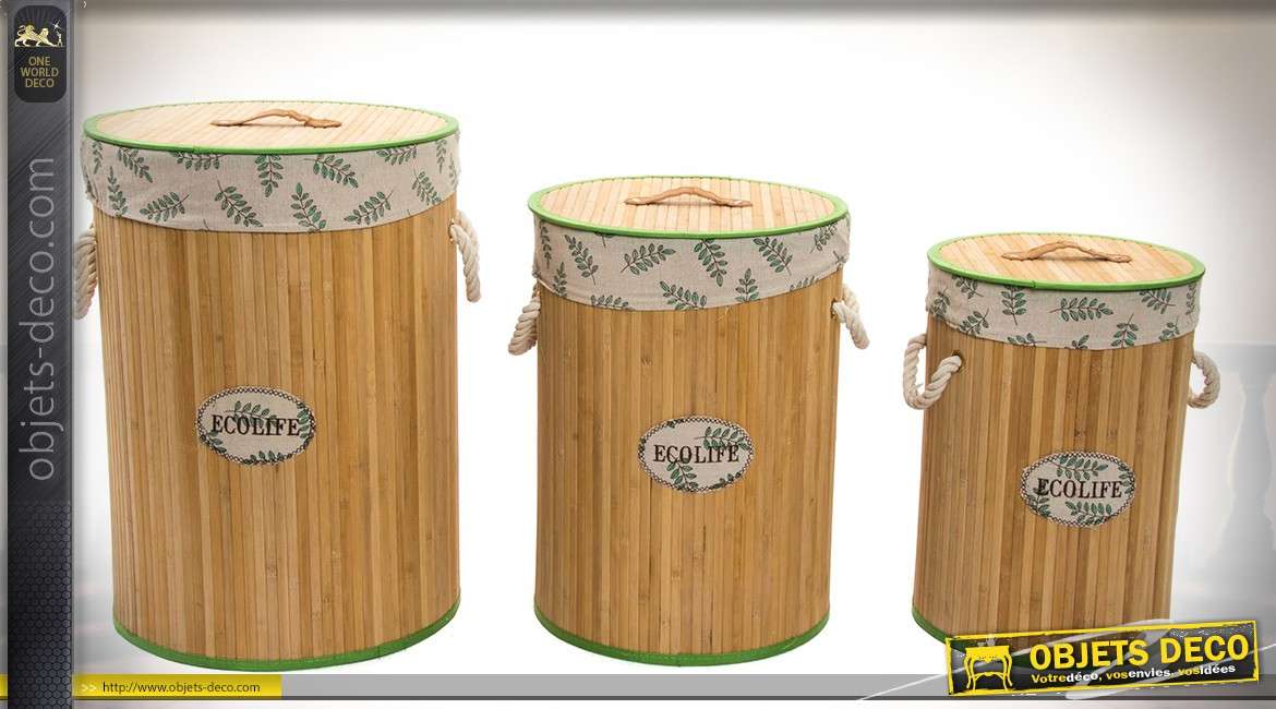 Série de 3 paniers à linge cylindriques en bambou naturel 54 cm